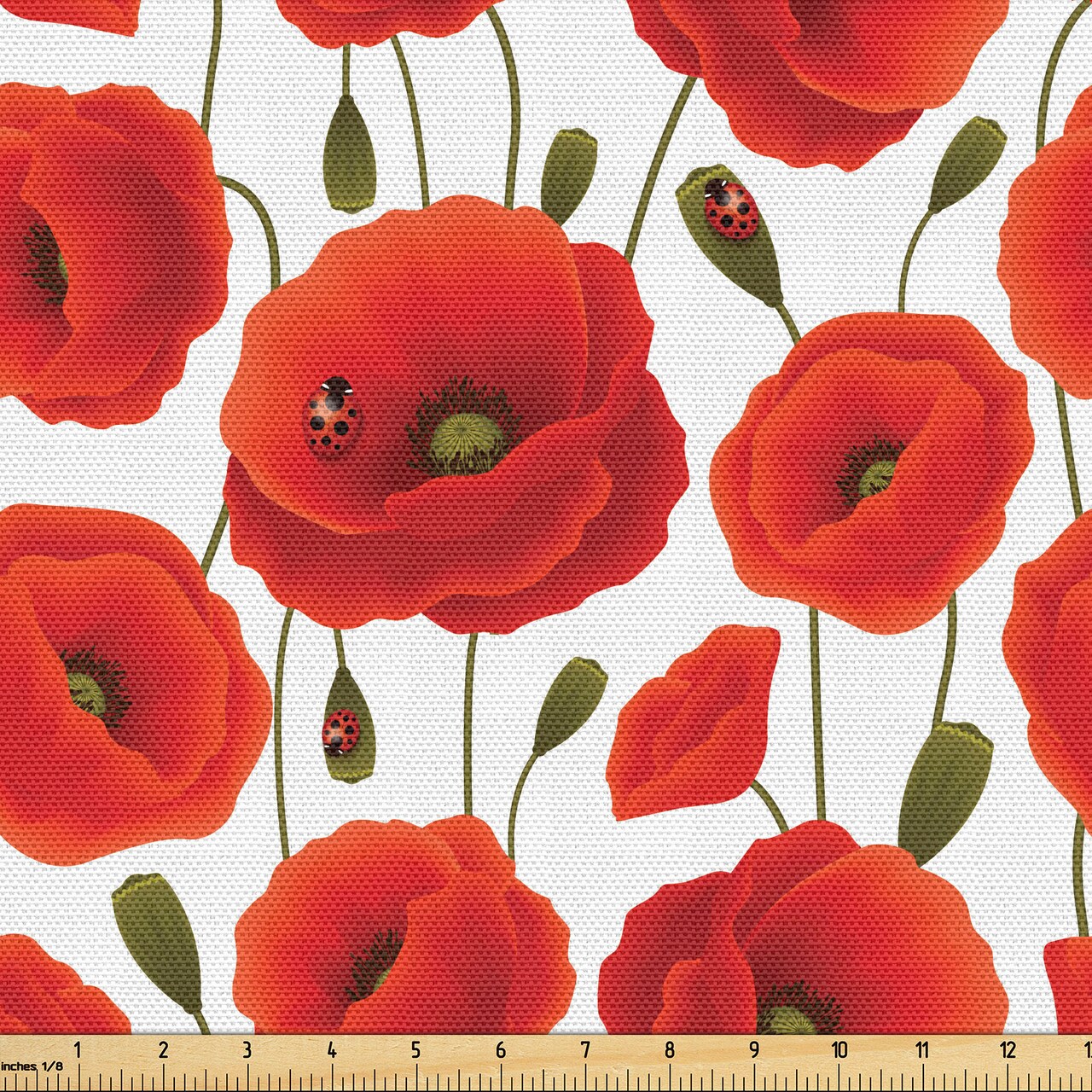 Ambesonne Poppy Flower Fabric by the Yard, Springs Ladybugs Animals and Plants Flora Fauna Nature, Decorative Fabric for Upholstery and Home Accents, 2 Yards, Orange Olive Green White